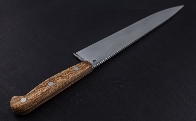 Couteau de chef, éminceur traditionnel - manche en loupe de frêne de qualité exceptionnelle, lame inox